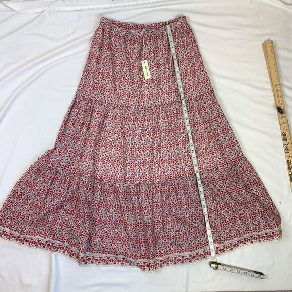 Vtg Max Studio Floral Heart Print Midi Skirt M Red Tiered Ruffle Cottage Prairie - Picture 5 of 11